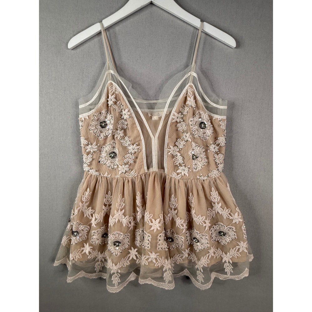 Anthropologie Let Me Be Sheer Panel Tank Top Womens M Nude Beaded Lace Peplum